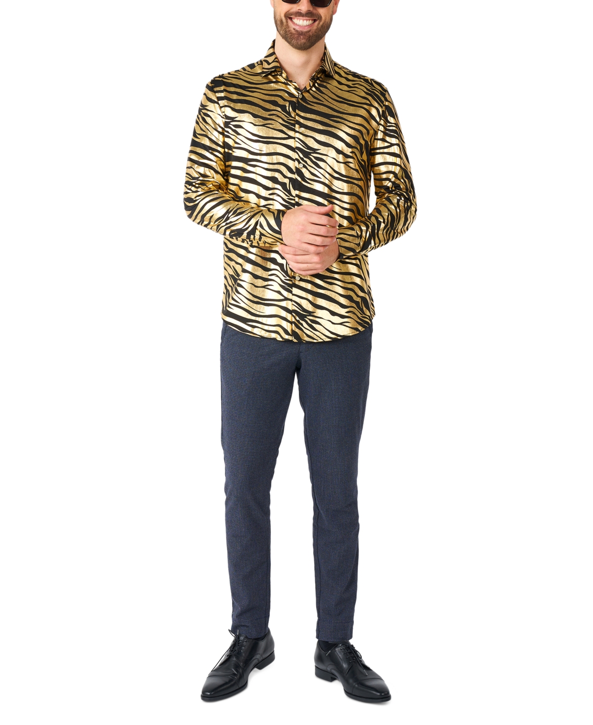 Men's Long-Sleeve Tiger-Print Shirt - Gold