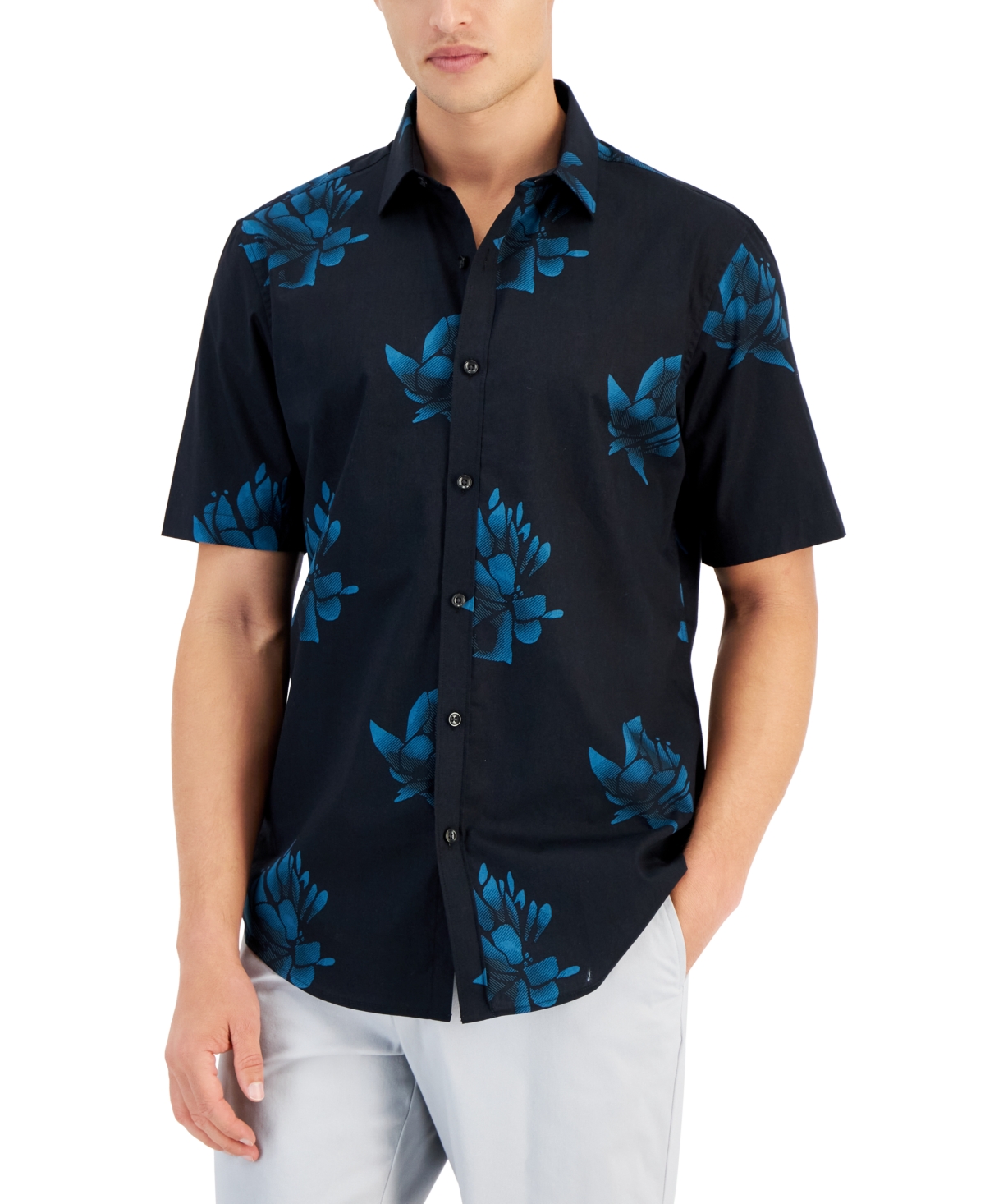 Alfani Men's Alfa Short-sleeve Stretch Floral-print Button-front Shirt, Created For Macy's In Deep Black
