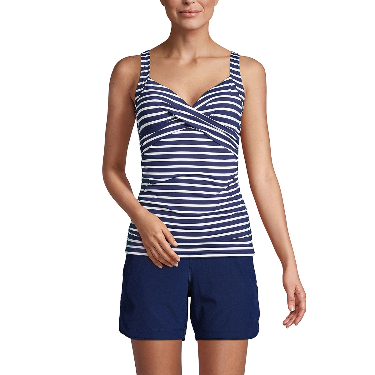 Lands' End Petite V-Neck Wrap Underwire Tankini Swimsuit Top Adjustable Straps -white media stripe