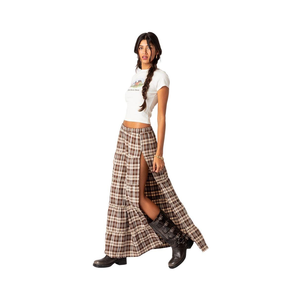 Women's Plaid side slit tiered maxi skirt