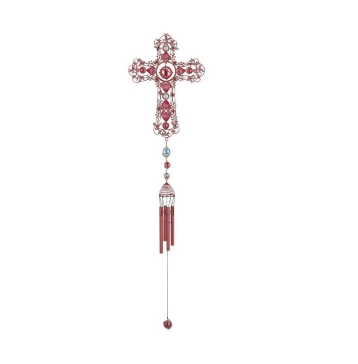 38" Long Pink Cross Wind Chime with Copper Gem - Multi