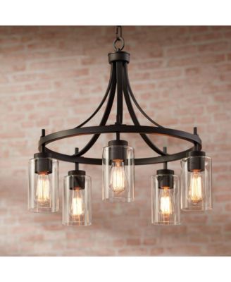Caleb Bronze Wagon Wheel Pendant Chandelier 23.75" Wide Industrial Clear Glass 5-Light Fixture for Dining Room House Foyer Entryway Kitchen Bedroom Living Room High Ceilings