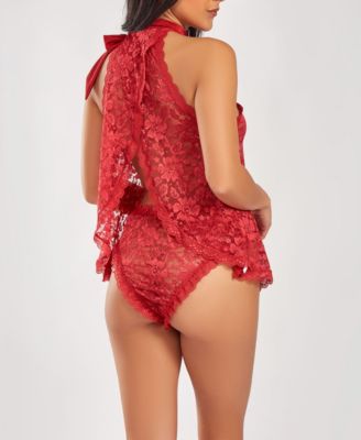 Woman's 2 Piece Lace Halter Babydoll and Ruffel Panty Lingerie Set