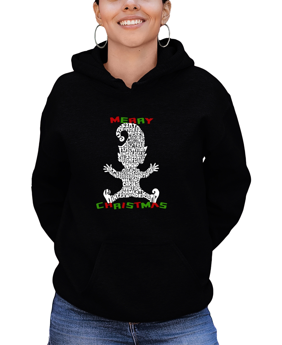 La Pop Art Women's Christmas Elf Word Art Hooded Sweatshirt In Black
