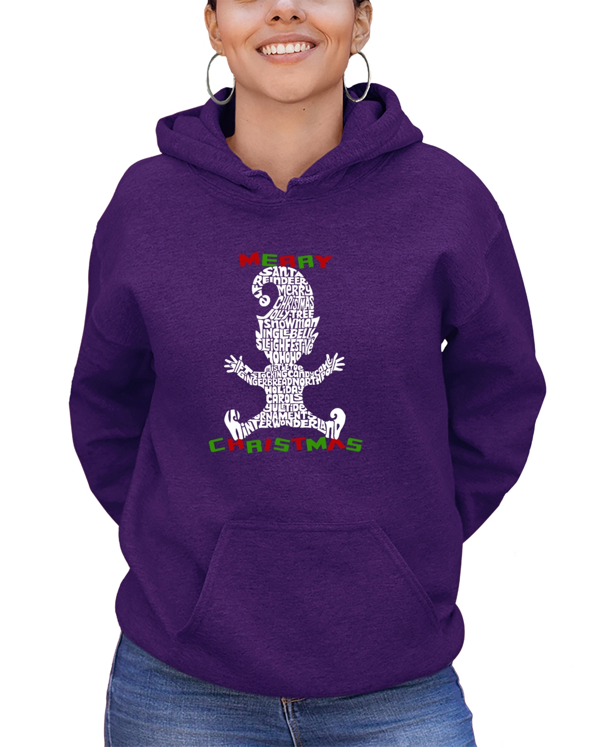 La Pop Art Women's Christmas Elf Word Art Hooded Sweatshirt In Purple