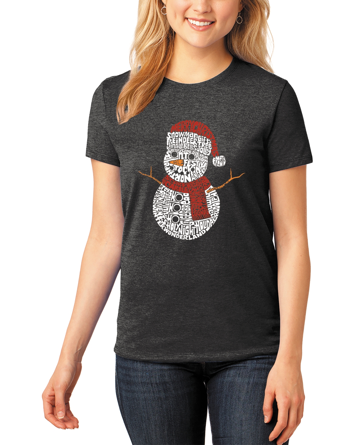 La Pop Art Women's Christmas Snowman Premium Blend Word Art Short Sleeve T-shirt In Black