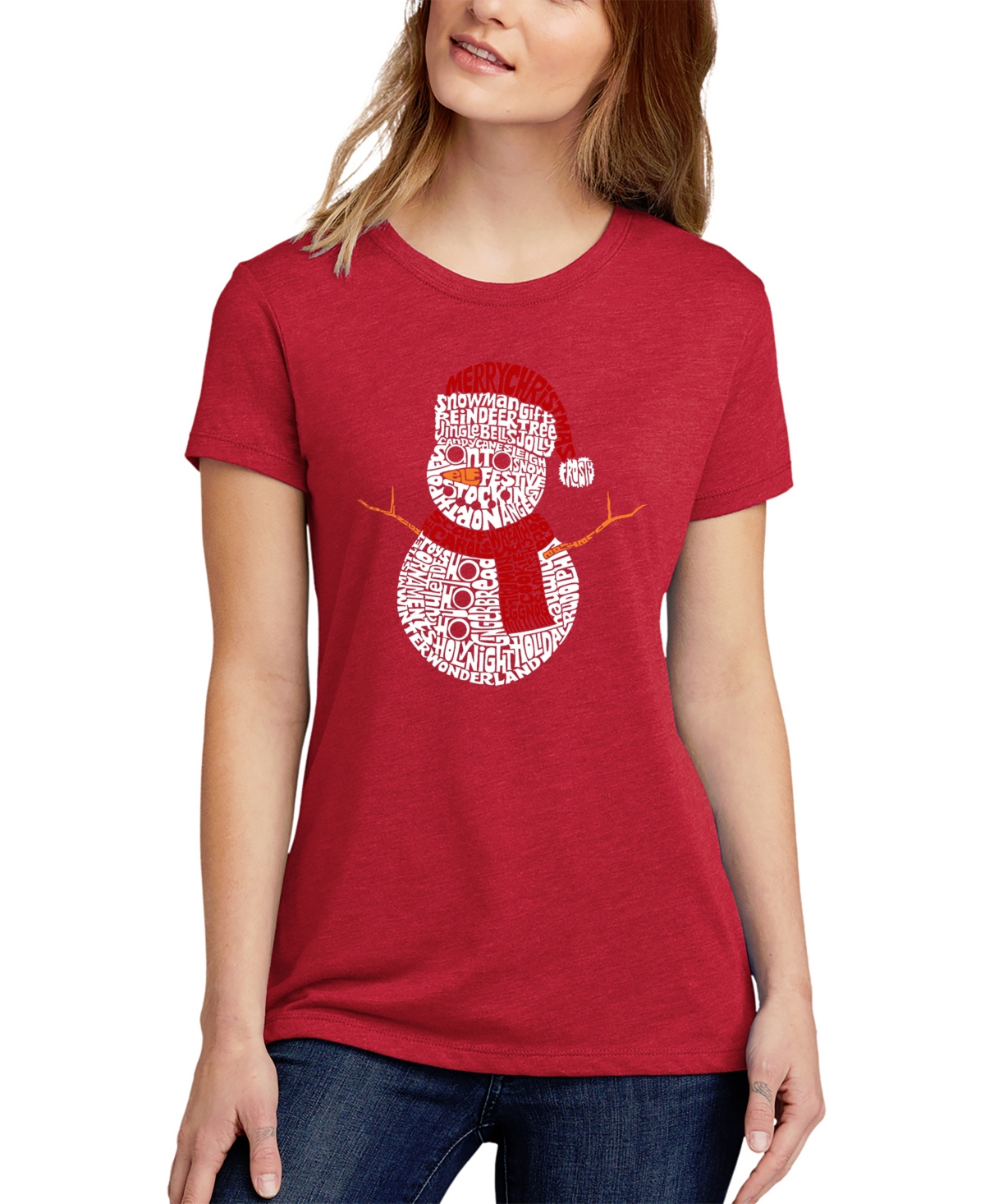 La Pop Art Women's Christmas Snowman Premium Blend Word Art Short Sleeve T-shirt In Red