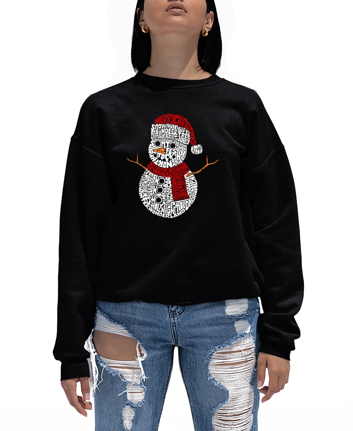 La Pop Art Women's Christmas Snowman Word Art Crewneck Sweatshirt In Black