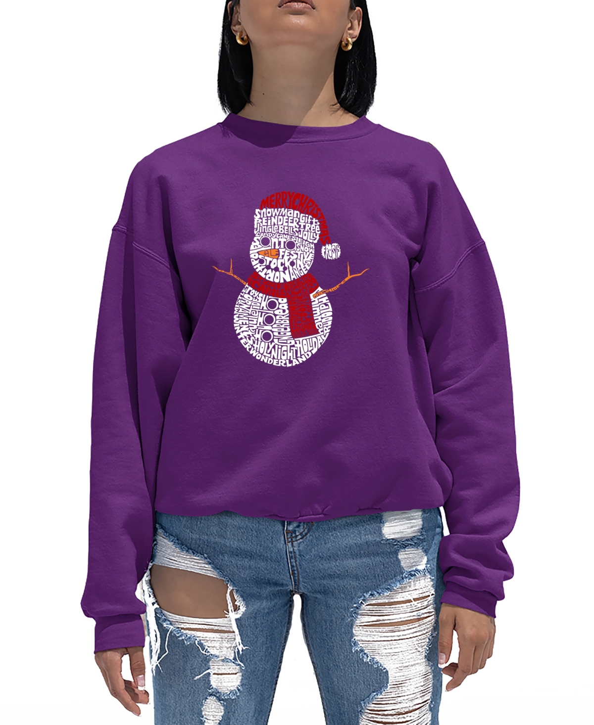 La Pop Art Women's Christmas Snowman Word Art Crewneck Sweatshirt In Purple
