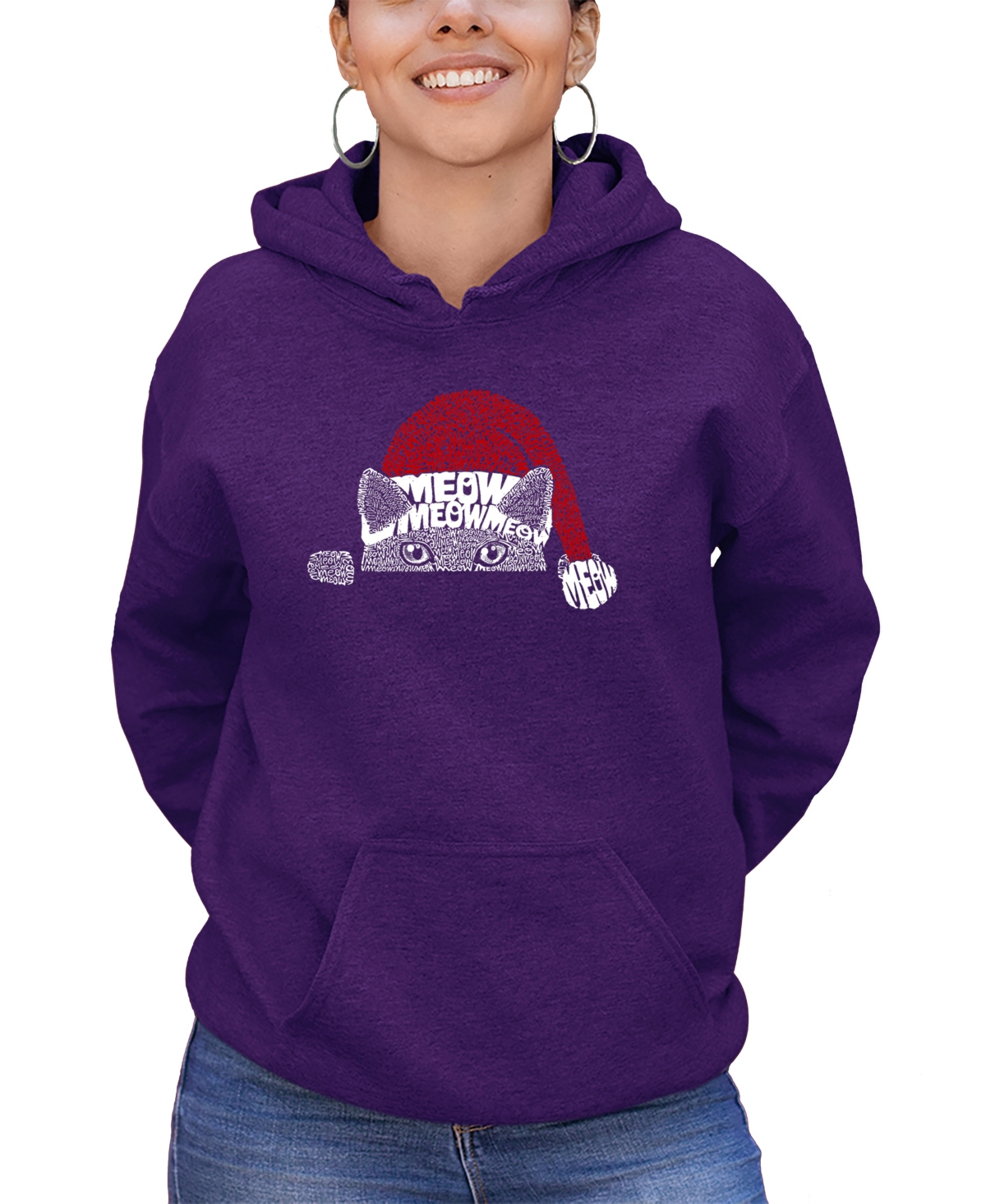 La Pop Art Women's Christmas Peeking Cat Word Art Hooded Sweatshirt In Purple