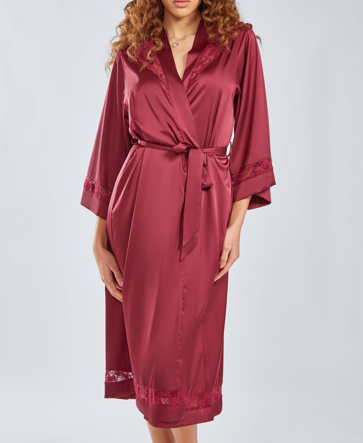 Women's Silky Long Robe with Lace Trims - Wine