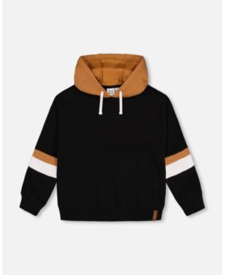 Deux Par Deux Fleece Hoodie With Quilted Pocket Black Deux Par Deux Fleece Hoodie With Quilted Pocket Black
