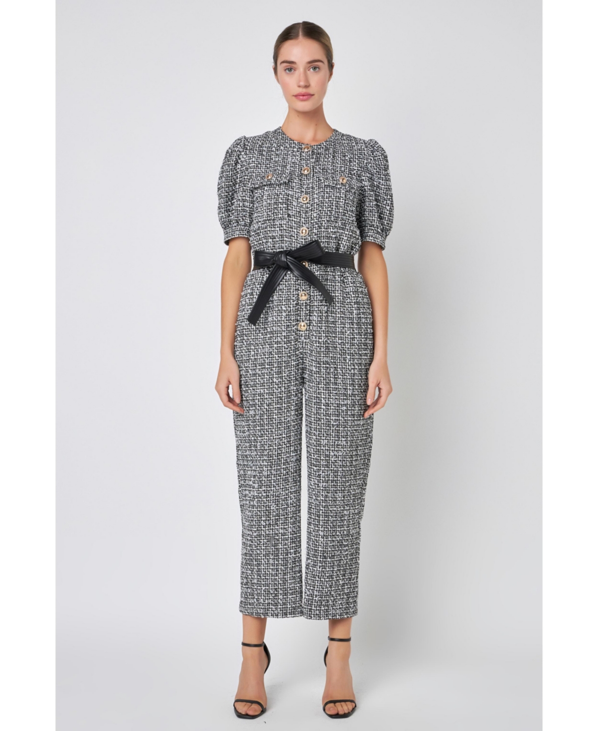 English Factory Women's Tweed Puff Sleeve Jumpsuit In Black/white