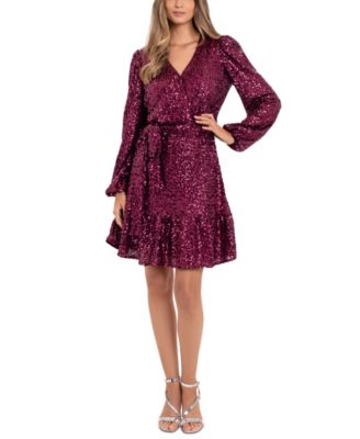 Betsy & Adam - Women's Sequin Belted Long-Sleeve Dress
