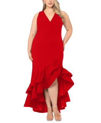 Betsy & Adam - Plus Size Asymmetric Ruffled Gown