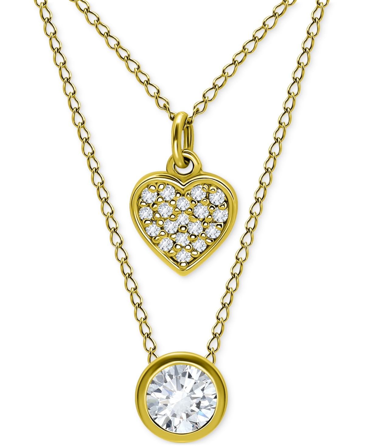 Giani Bernini 2-pc. Set Cubic Zirconia Pave Heart & Solitaire Bezel Pendant Necklaces, Created For Macy's In Gold