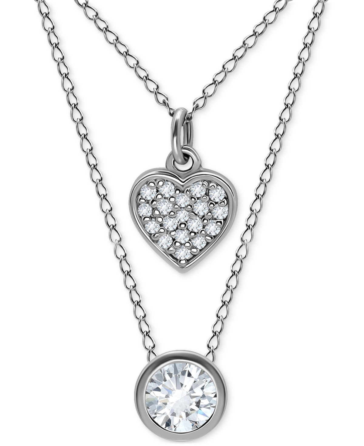 Giani Bernini 2-pc. Set Cubic Zirconia Pave Heart & Solitaire Bezel Pendant Necklaces, Created For Macy's In Silver