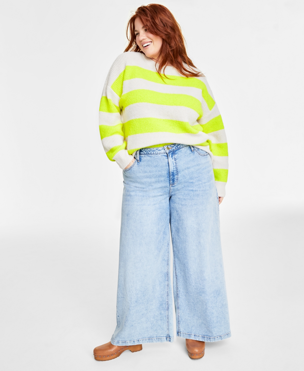 On 34th Plus Size Crewneck Striped Shaker Sweater, Created For Macy's In Yellow Combo