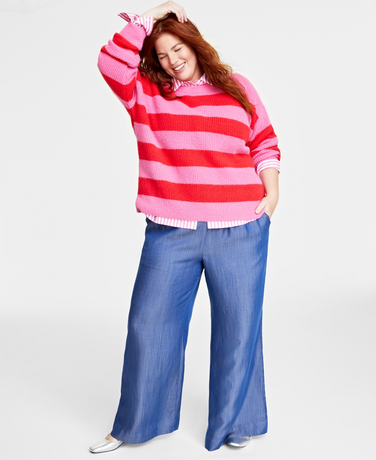 On 34th Plus Size Crewneck Striped Shaker Sweater, Created For Macy's In Azalea Pink Combo