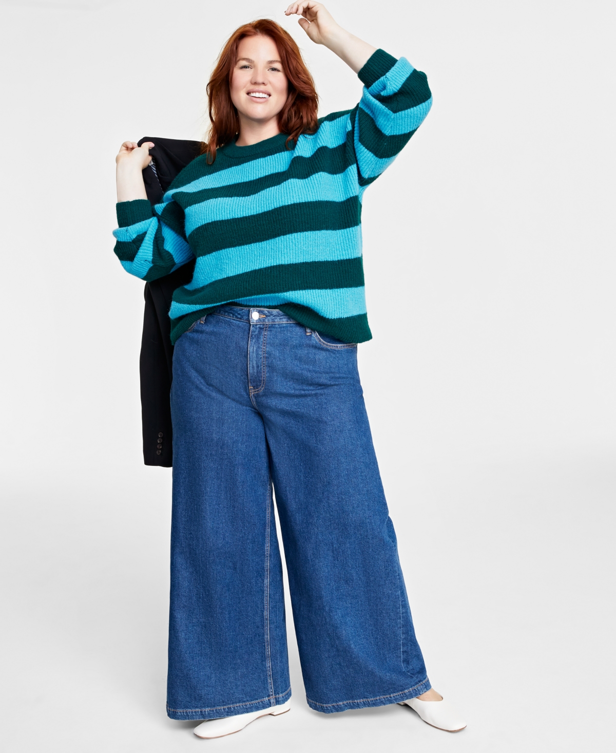 On 34th Plus Size Crewneck Striped Shaker Sweater, Created For Macy's In Cyan Combo