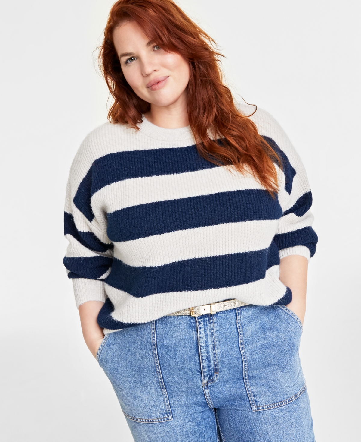 On 34th Plus Size Crewneck Striped Shaker Sweater, Created For Macy's In Intrepd Blue Combo