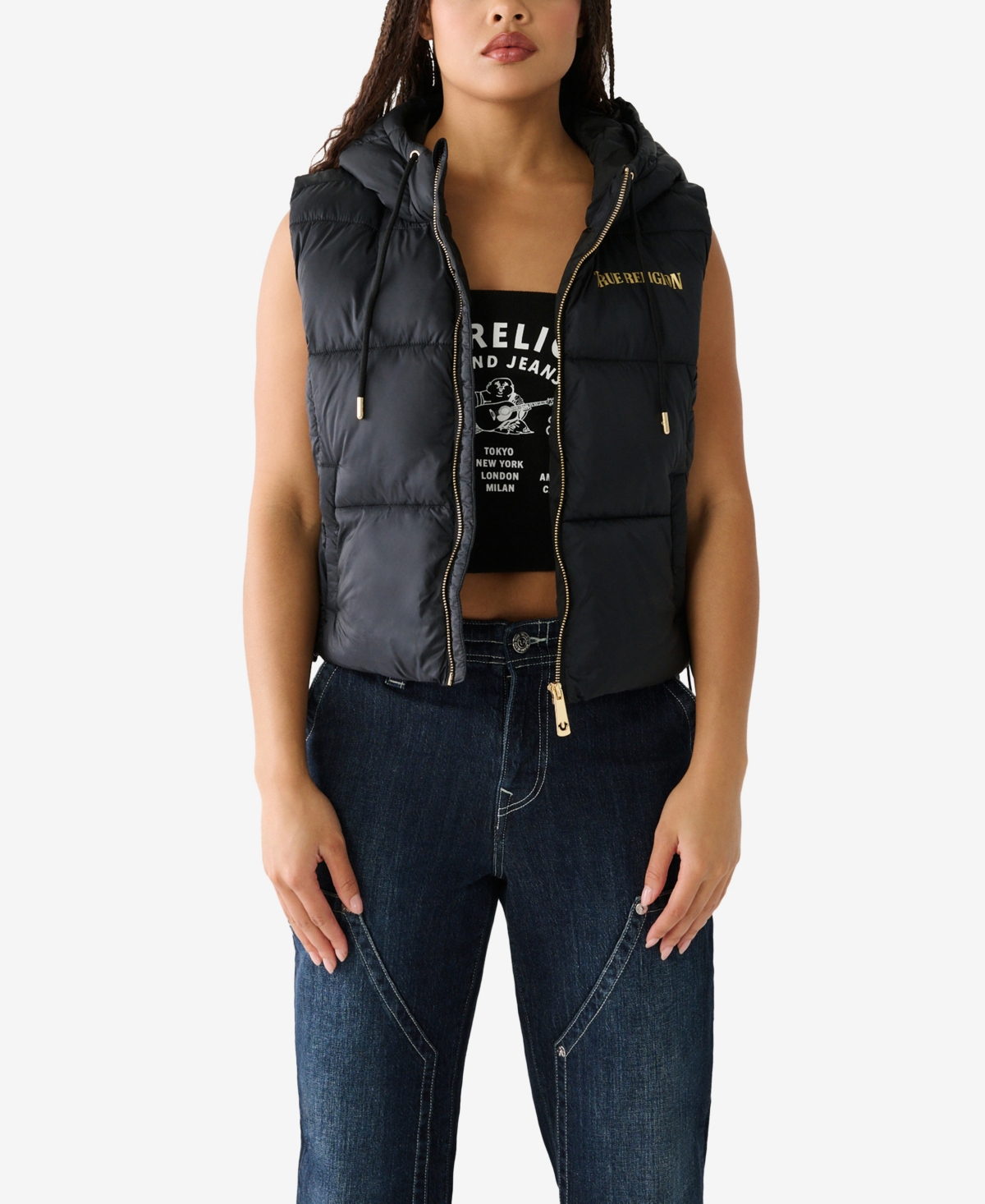 True Religion Women's Foil Puffer Vest In Jet Black