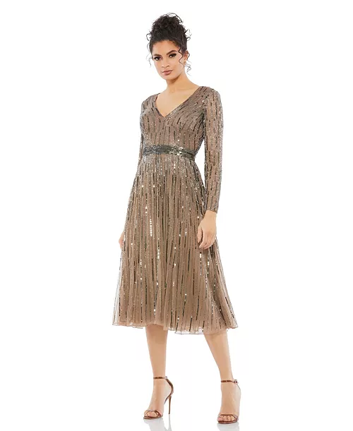 women's long sleeve tea length dress