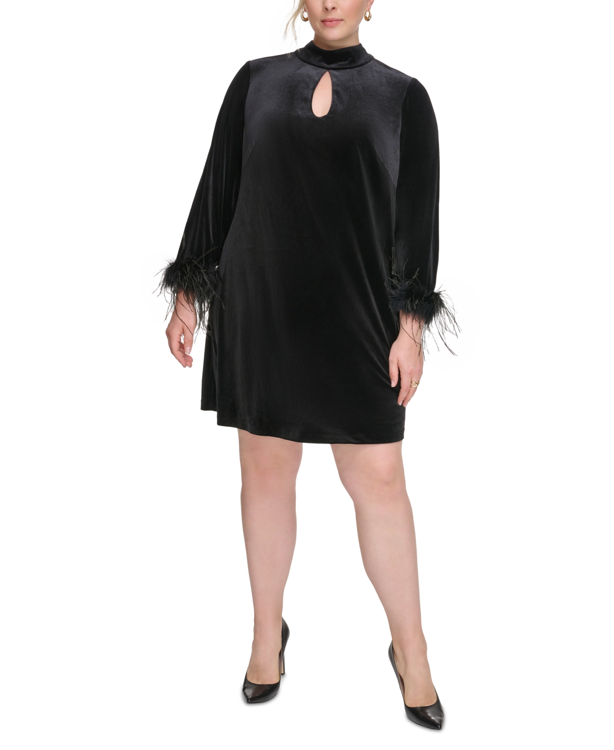 Plus Size Retro Dresses 50s, 60s ,70s, 80s, 90s Eliza J Plus Size Velvet Feather-Sleeve Mini Dress $188.00 AT vintagedancer.com