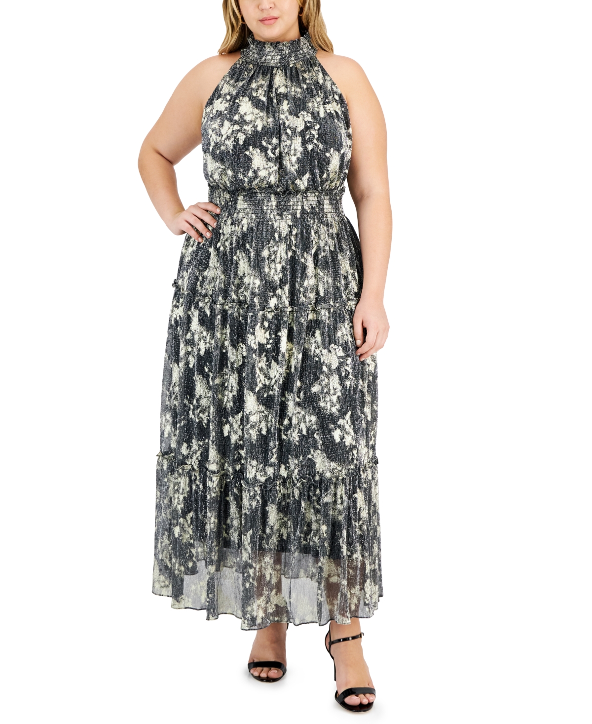 Taylor Plus Size Printed Smocked A-line Dress In Black Silver