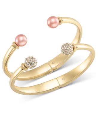 Charter Club - Gold-Tone 2-Pc. Set Pav&eacute; Fireball & Pink Imitation Pearl Cuff Bracelets