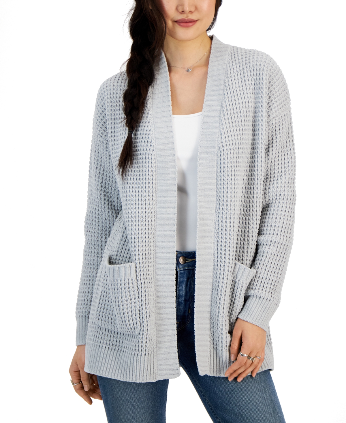Hooked Up By Iot Juniors' Chenille Waffle-stitch Cardigan Sweater In Harbor Mist