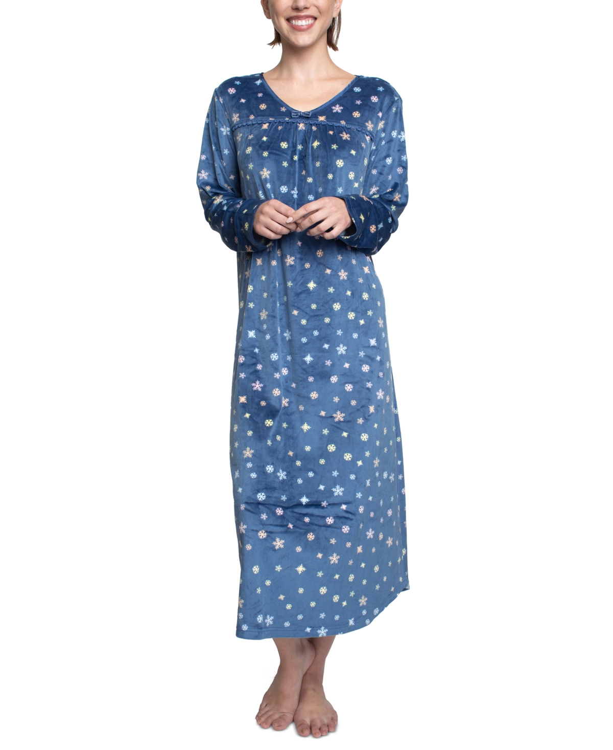 Women's Printed V-Neck Velour Nightgown - Stars