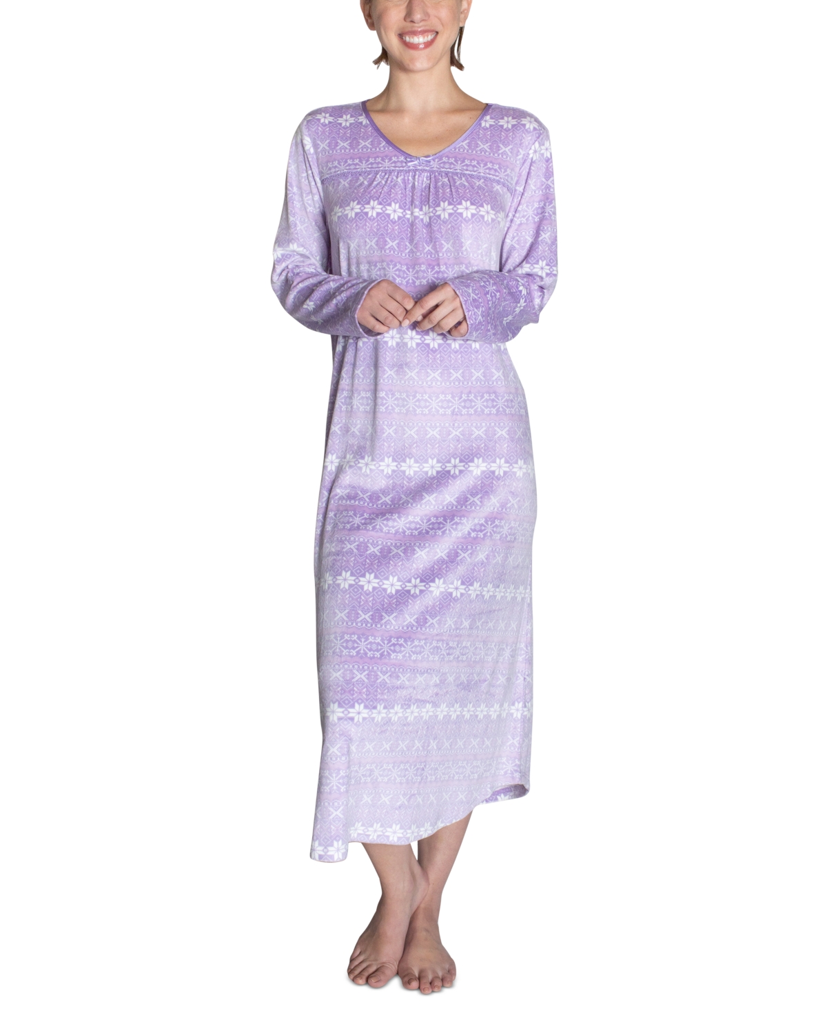 White Orchid Women's Printed V-neck Velour Nightgown In Purple Fairisle