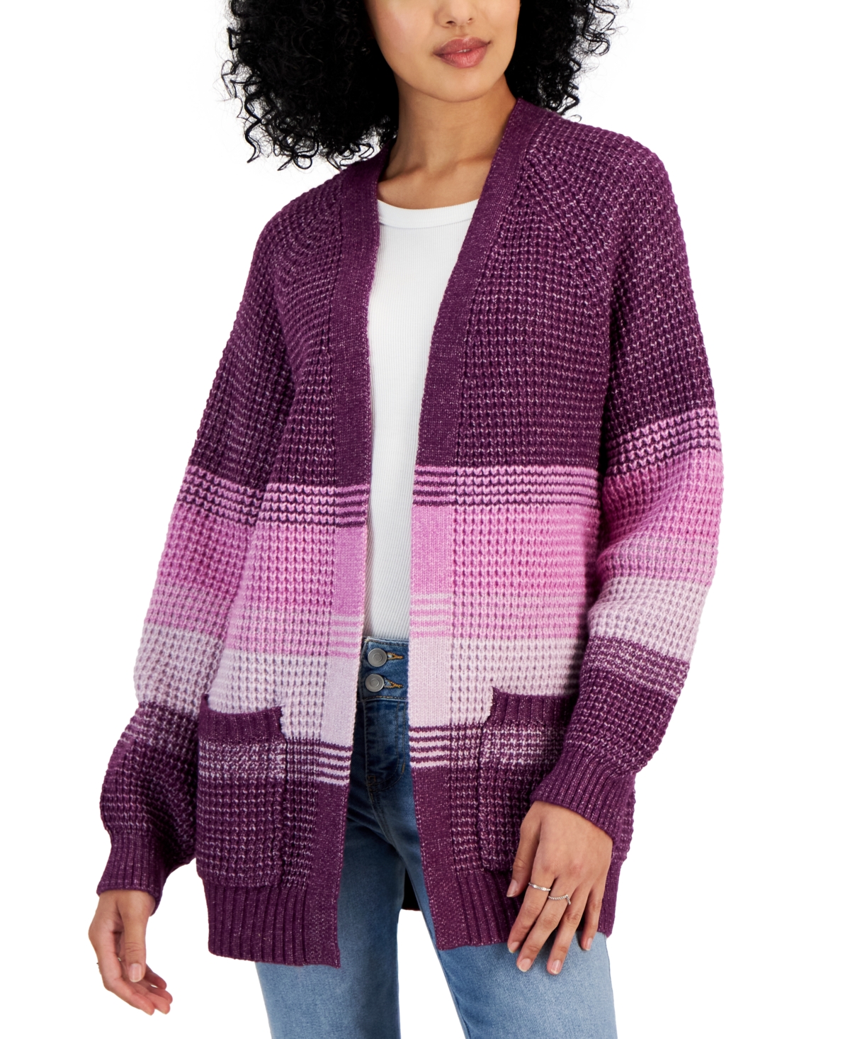 Juniors' Ombre Striped Waffle-Knit Long Cardigan - Berry Stripe Combo