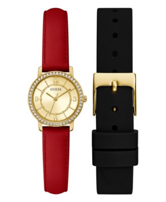 GUESS Women s Analog Red and Black Leather Silicone Interchangeable Strap Watch Set 28mm Macy s