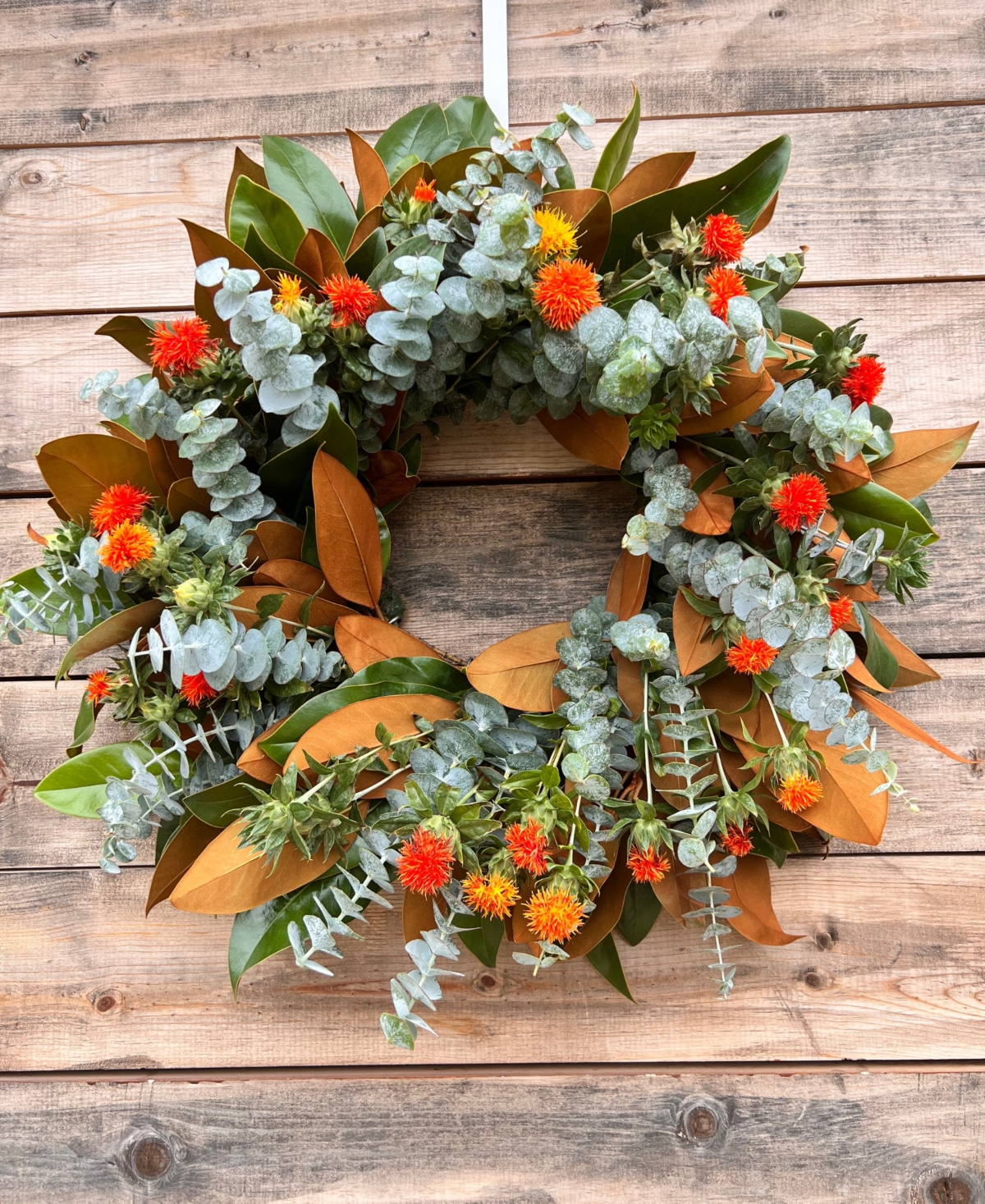 GreenishBlu Fresh Real Magnolia, Safflower and Baby Blue Wreath