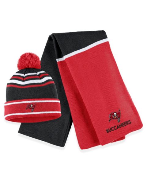 Женские головные уборы WEAR by Erin Andrews Red Tampa Bay Buccaneers Colorblock Cuffed Knit Hat with Pom and Scarf Set