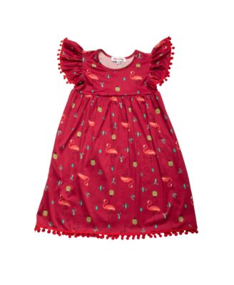 Big Girls Flutter Sleeves All Over Print Pom Pom Dress