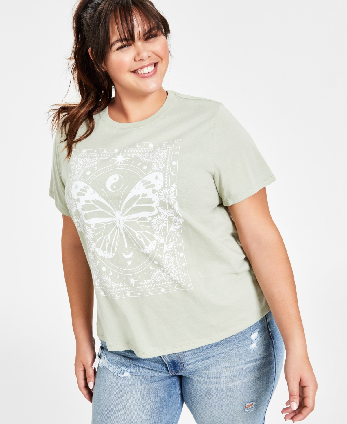 Rebellious One Trendy Plus Butterfly Outline Graphic Print T-shirt In Desert Sage