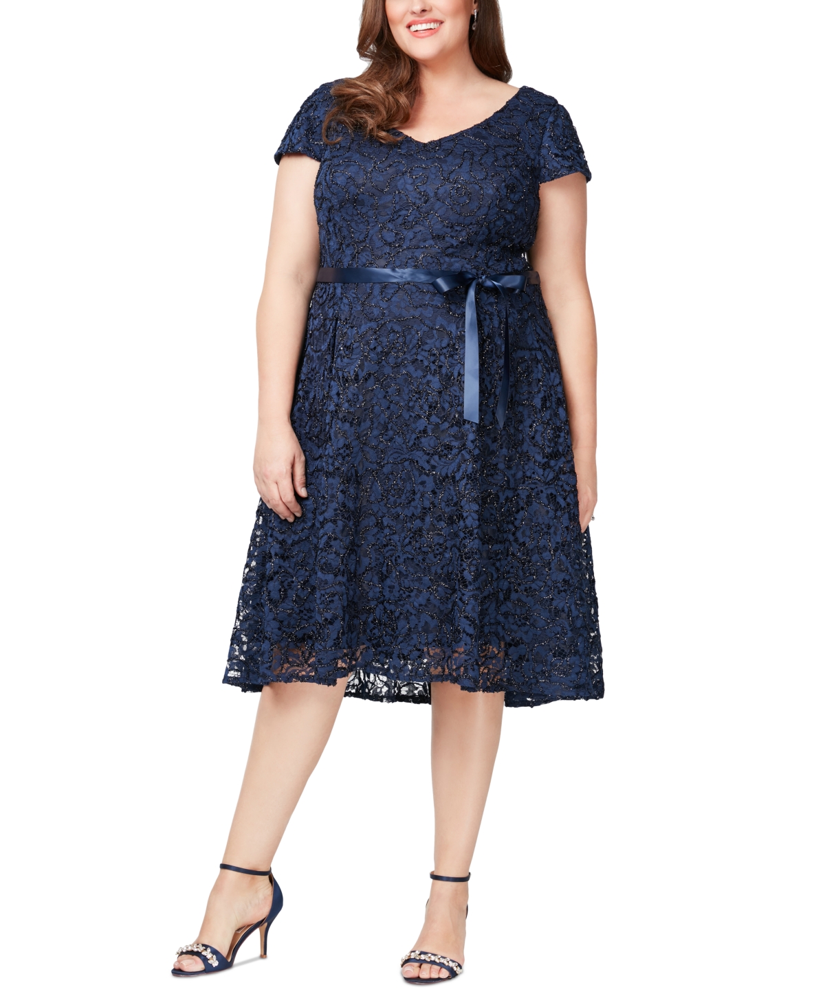 Alex Evenings Plus Size Metallic Lace Cap-sleeve Fit & Flare Dress In Navy