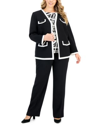 KASPER PLUS SIZE TIPPED OPEN FRONT JACKET ABSTRACT PRINT SIDE TIE TOP STRAIGHT LEG PANTS