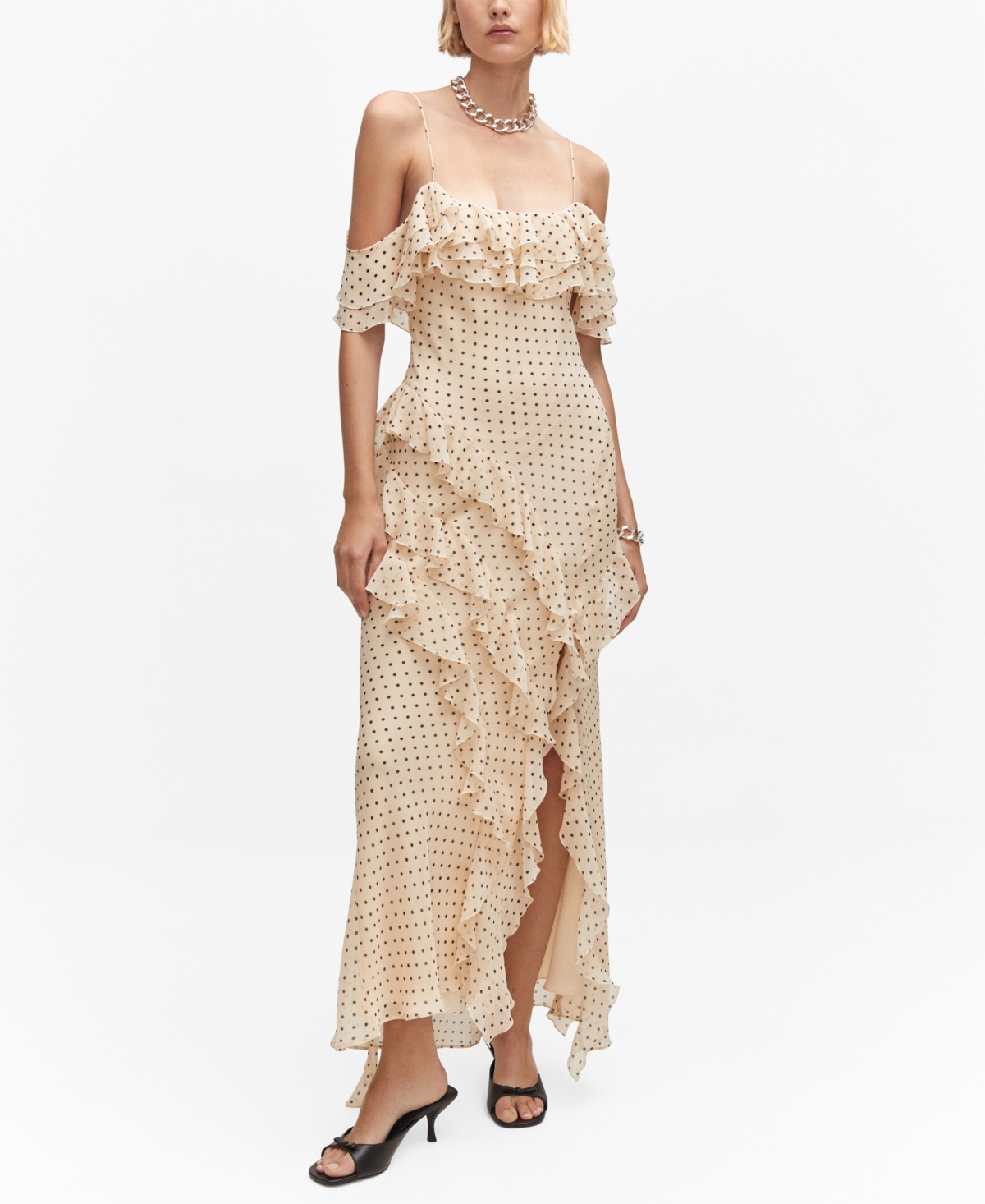 knee length dresses for ladies MANGO. Long beige polka dot dress. Size XS  Hibuy market