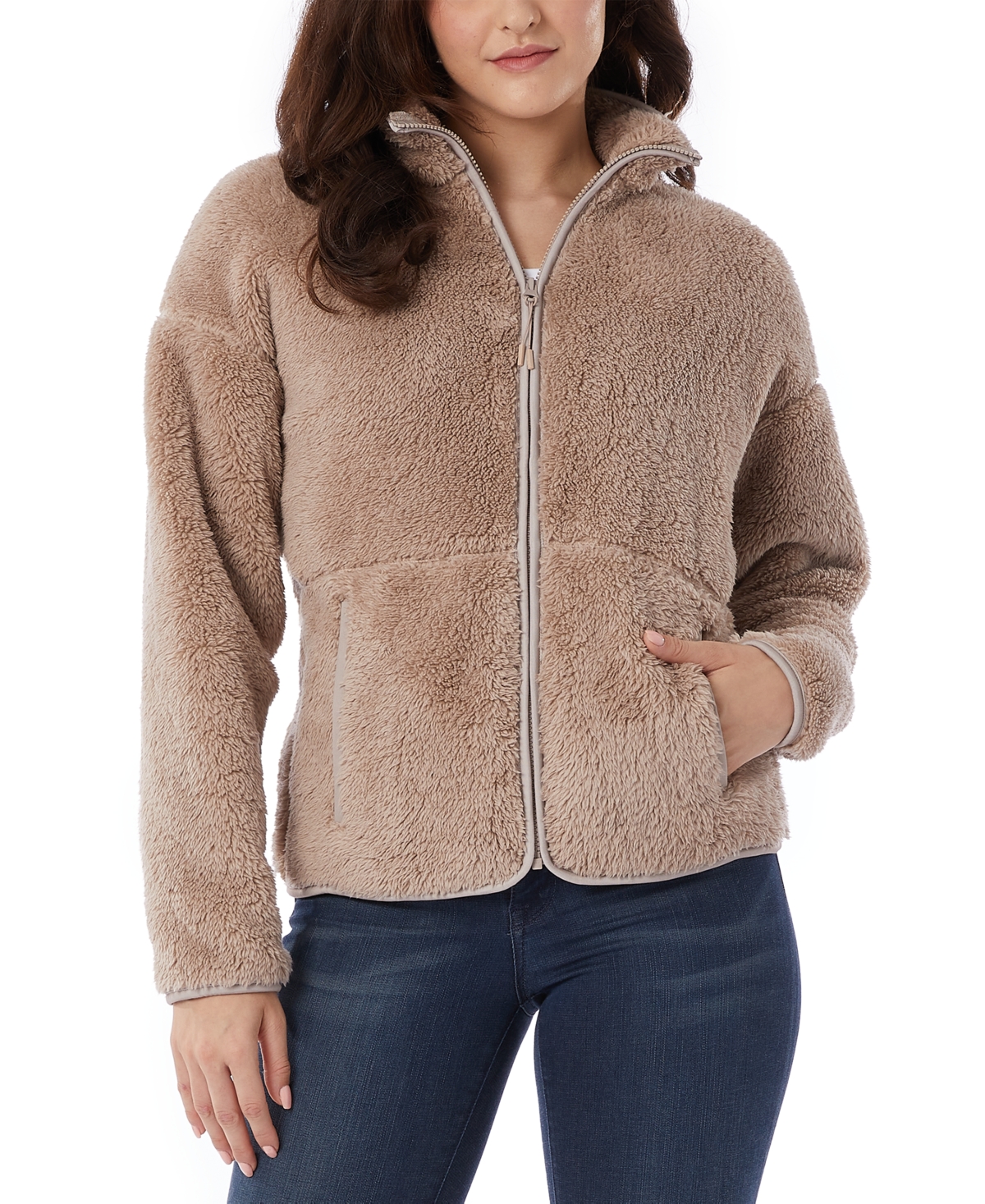 Women's Fleece Front-Zipper Drop-Shoulder Sweatshirt - MOCHA MERINGUE