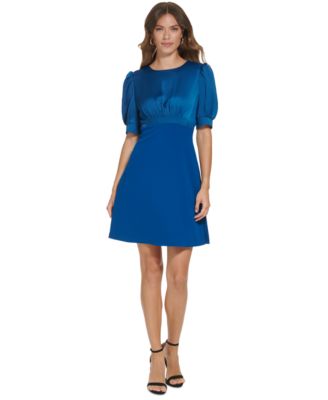 DKNY Women's Printed Puff Sleeve Fit & Flare Dress Blue Size 6