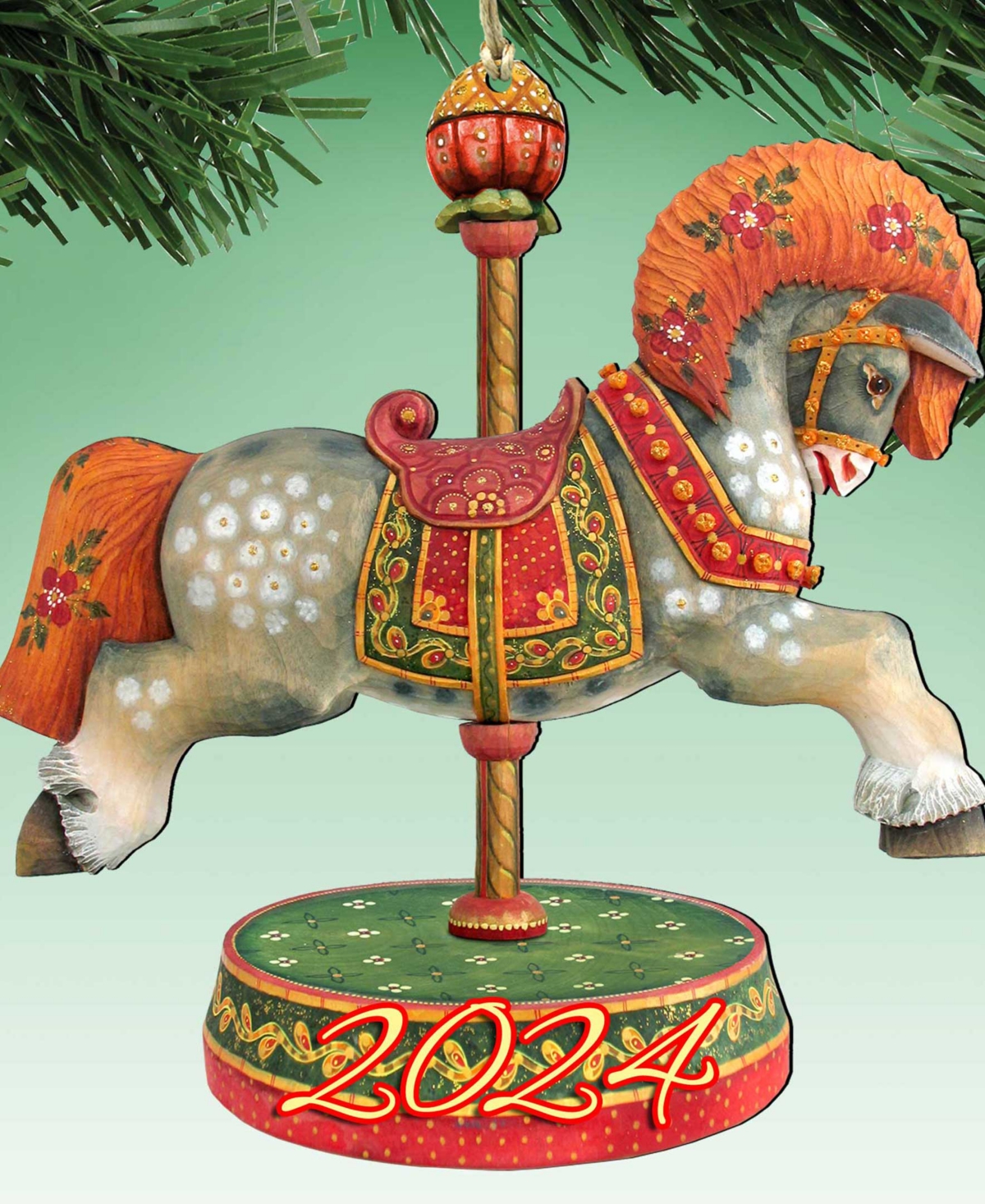 Designocracy 2024 Dated Carousel Horse Christmas Wooden Ornaments Holiday Decor Set Of 2 G. Debrekht In Multi Color