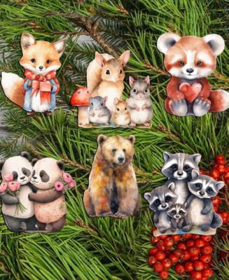 Forest Animals Christmas Wooden Clip-On Ornaments Set of 6 G. DeBrekht