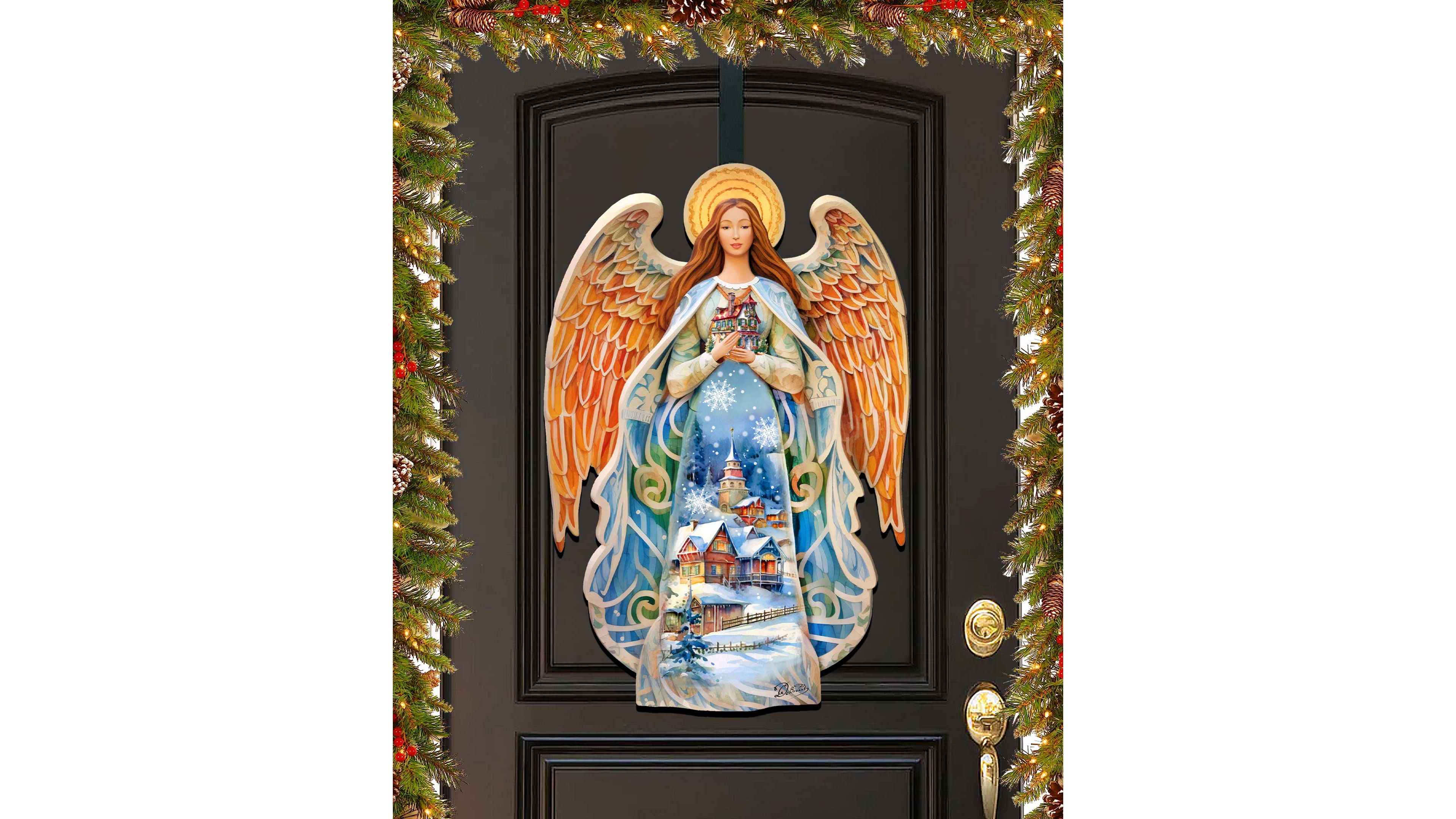 Designocracy Guardian Angel Christmas Door Hanger Wooden Door Decor G. DeBrekht