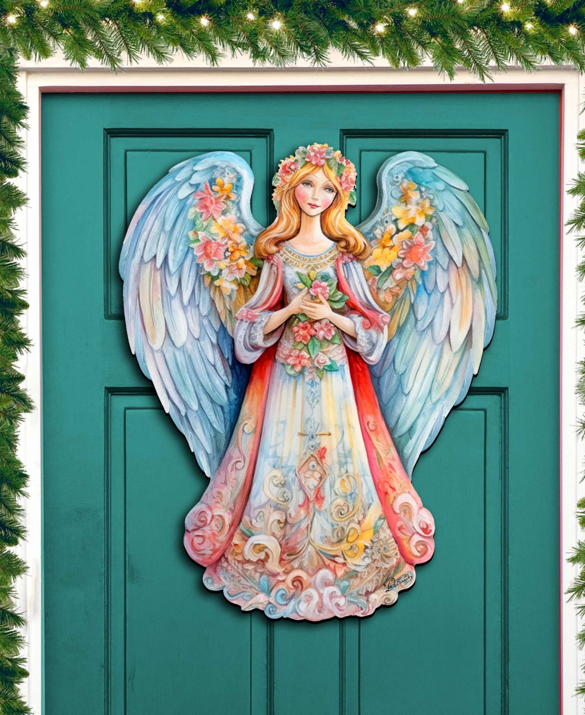 Shop Designocracy Floral Angel Christmas Wooden Door Decor Wall Decor G. Debrekht In Multi Color