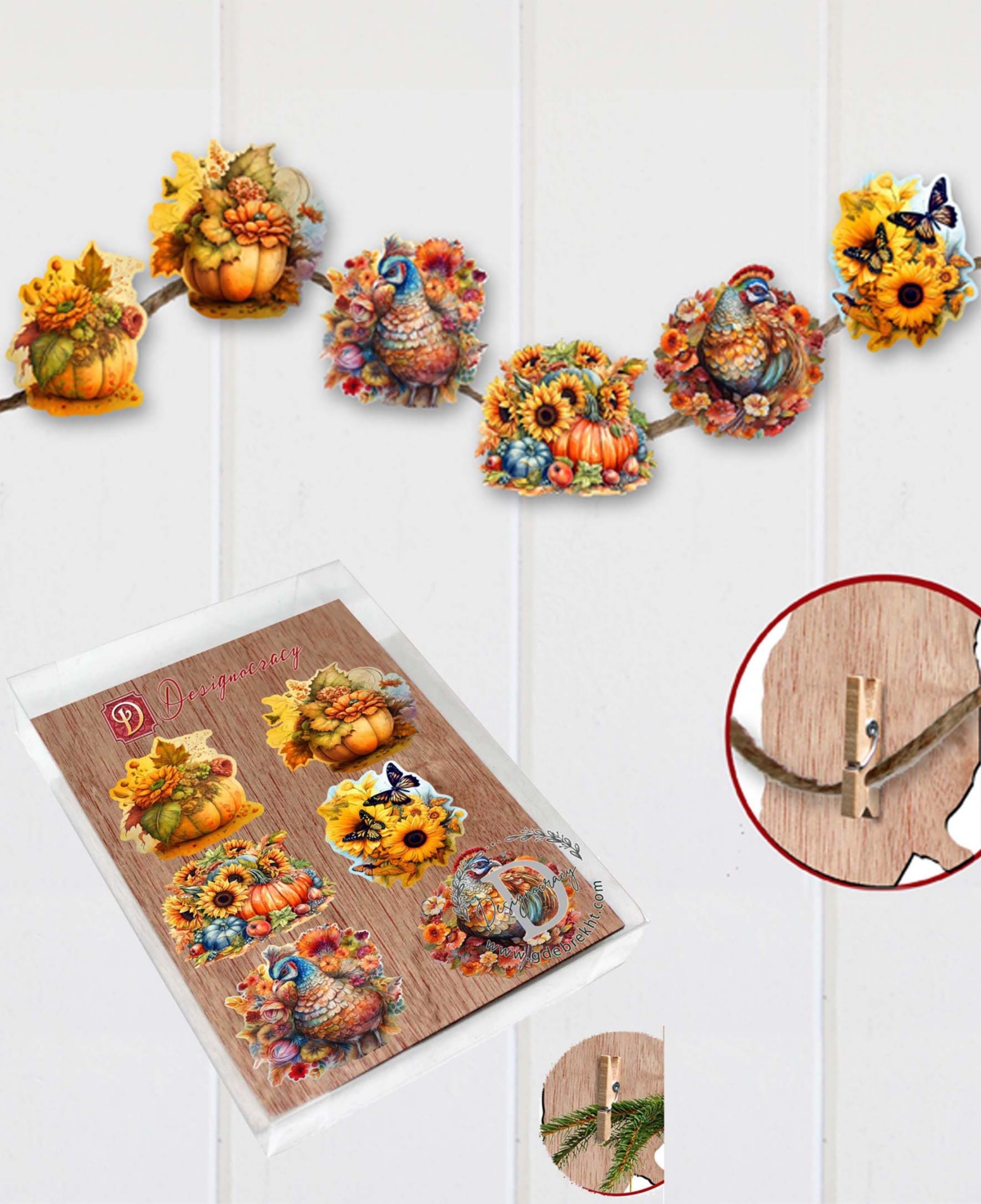 Designocracy Holiday Wooden Clip-on Ornaments Happy Thanksgiving Set Of 6 G. Debrekht In Multi Color