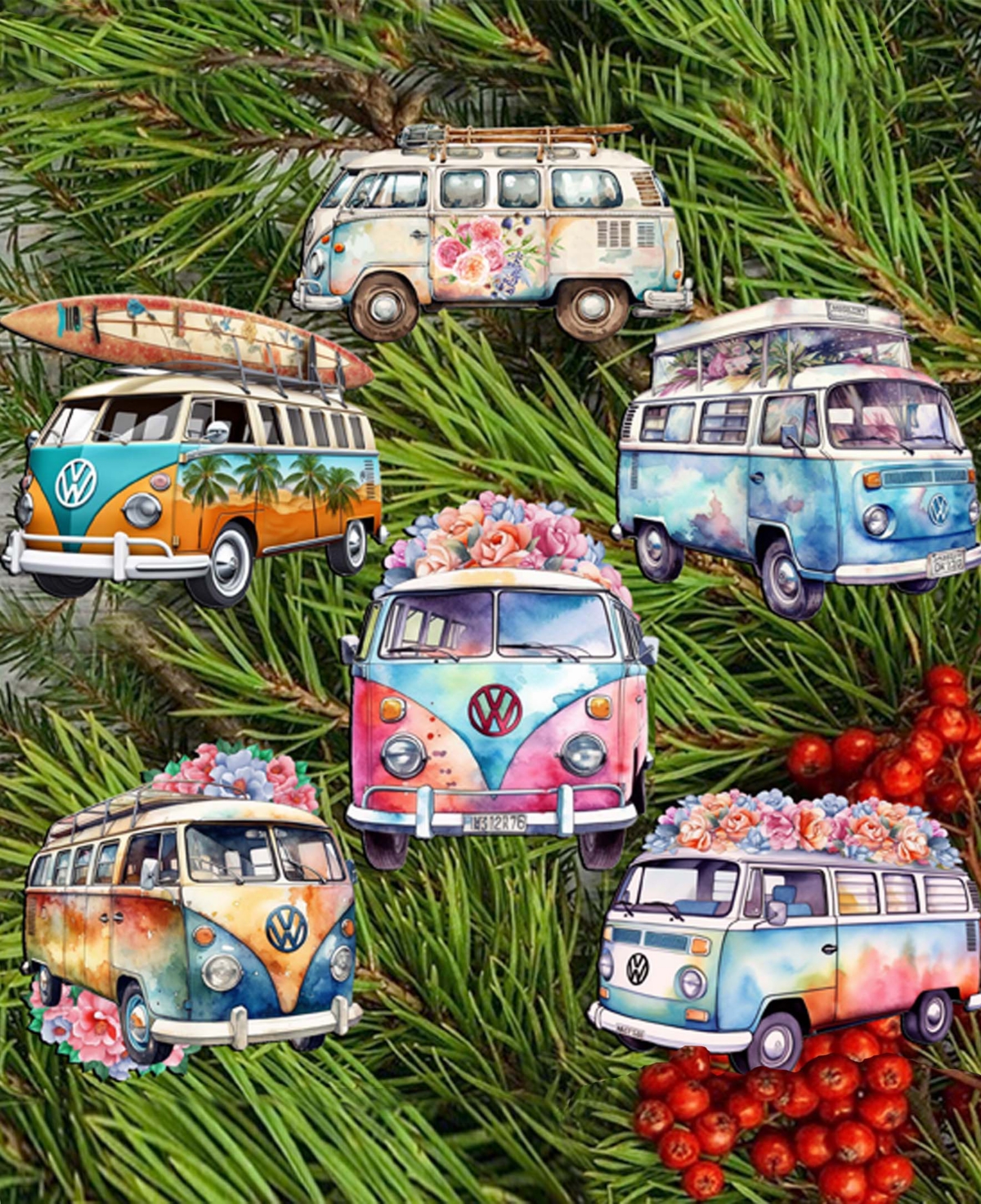 Designocracy Holiday Wooden Clip-on Ornaments Volkswagen Vans Set Of 6 G. Debrekht In Multi Color